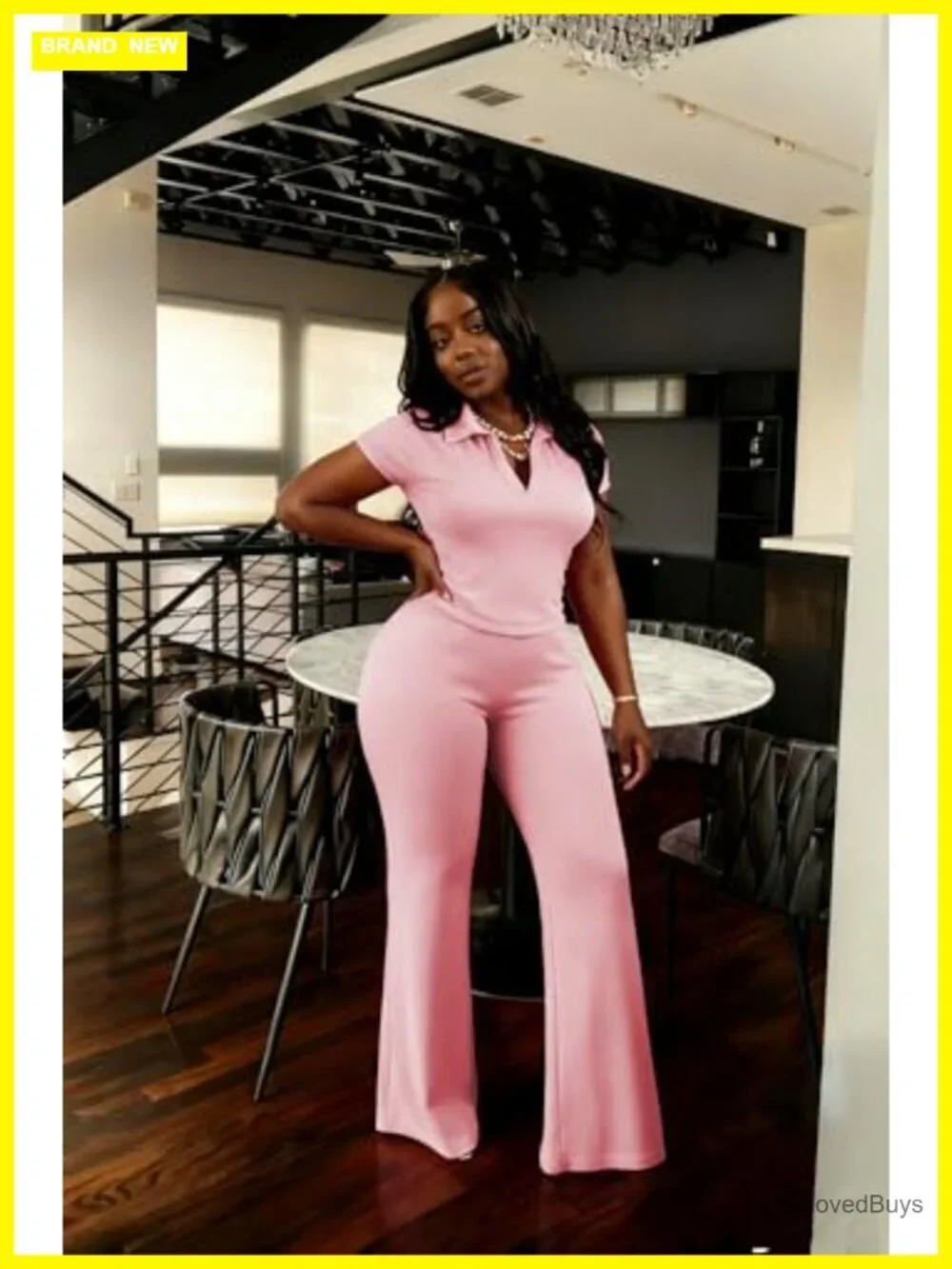 2 Piece Outfits Slim Fit V Neck Polo Top Flare Pants Short Sleeve Casual